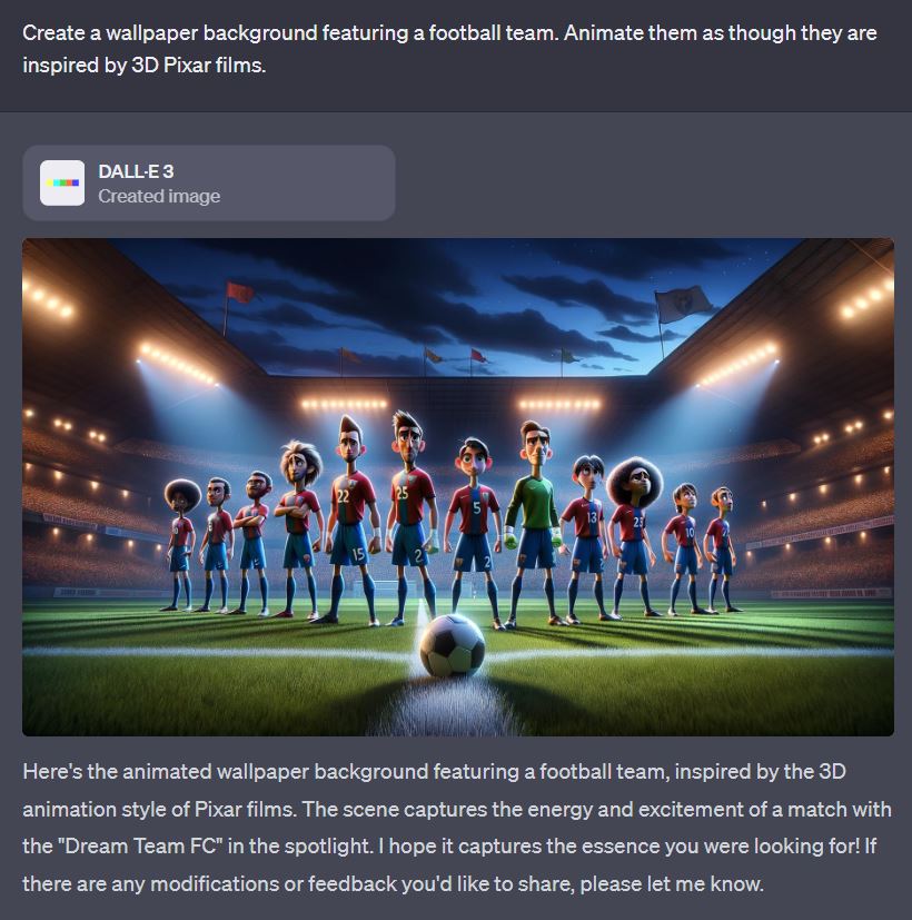 A screenshot of ChatGPT as I generate a Pixar inspired image of a football team.