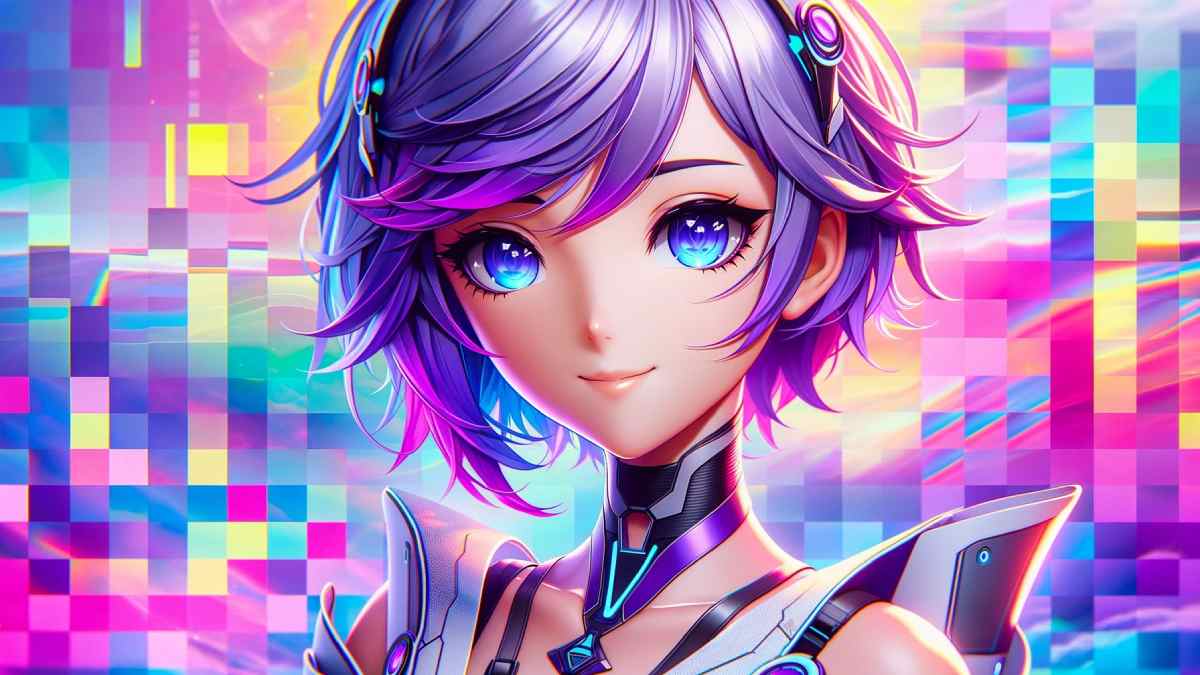 An AI generated image of an anime girl against a neon-pixelated background