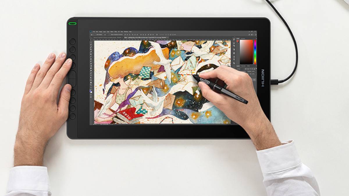 Someone is using a Huion Kamvas 16 drawing tablet to create a collage.