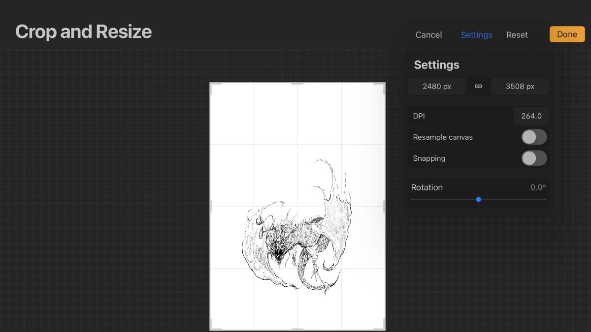 An image showing how to resize your canvas in Procreate. A drawing of a dragon is in the middle.