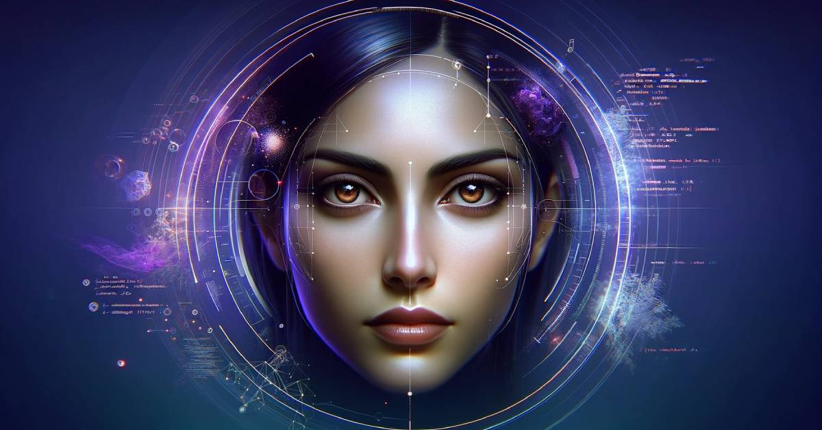 An AI-generated human face is in the middle of a galaxy-themed graphic.