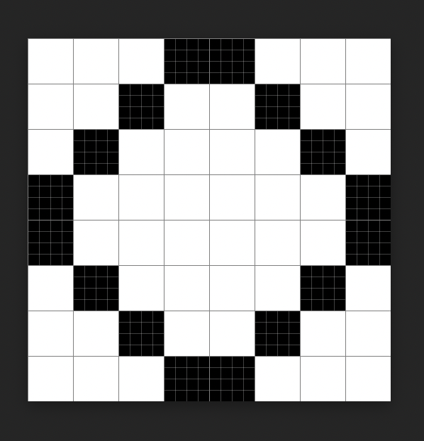 An image of a pixel grid within Photoshop. A circle is draw within the grid, which is 32 x 32 pixels.