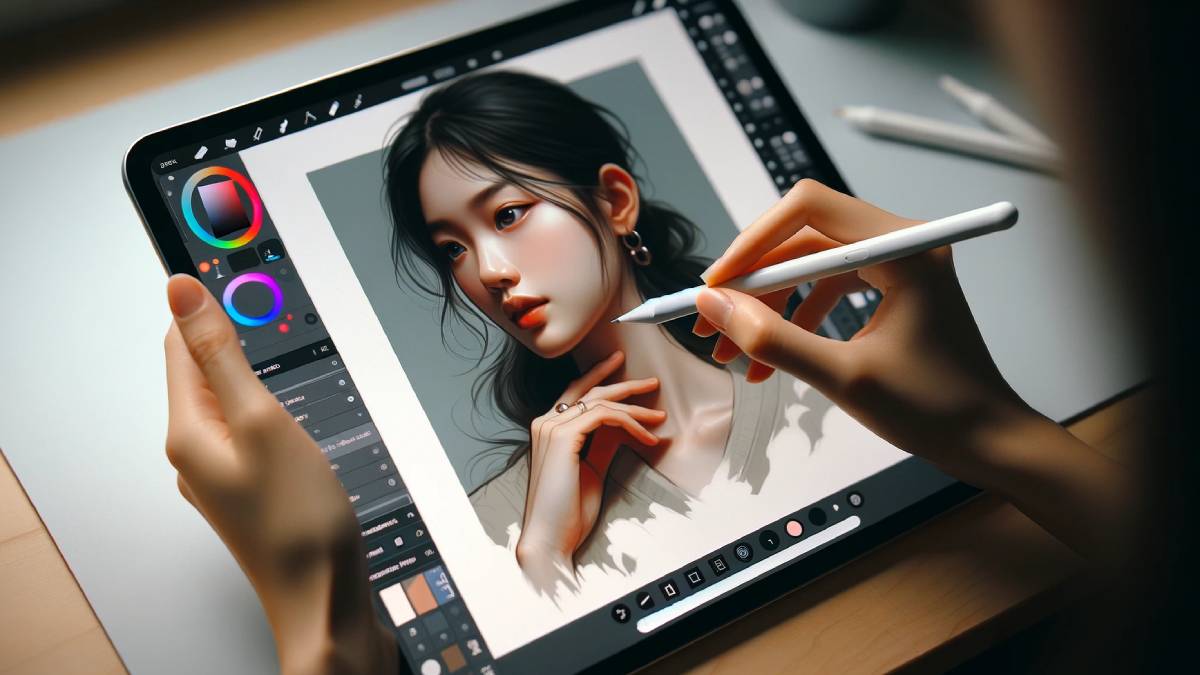Someone drawing on an iPad using the app Procreate. A painting of a girl is on display.