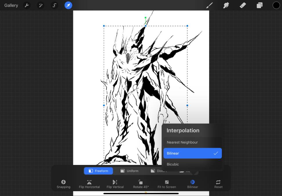 An image of a mecha drawing. Shows how to locate interpolation settings in Procreate.
